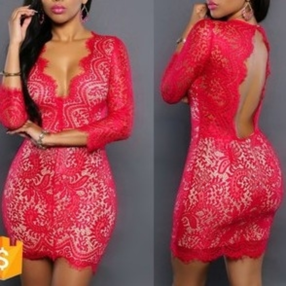 Luxxel Vibrant Red Backless Lace Dress